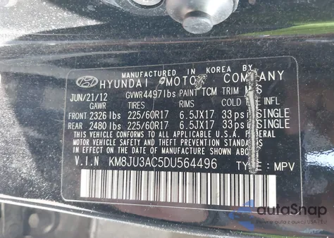 2013 Hyundai Tucson Gls из США, поврежденный, VIN KM8JU3AC5DU564496